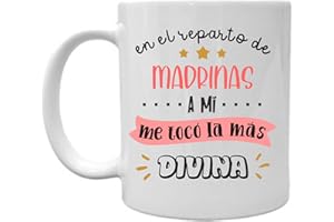 SUPER STICKER Taza de cerámica desayuno, para comunión y bautizo, regalo para madrina (md3) en el reparto de madrinas, a mí me tocó la más divina
