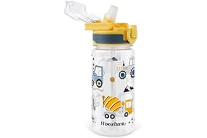 omedecal Borraccia Bambini con Cannuccia, a Prova di Perdite 480ml Borracce Bambina Bambini Bambino, Senza BPA con Maniglia, Lavabile in Lavastoviglie - Escavatore