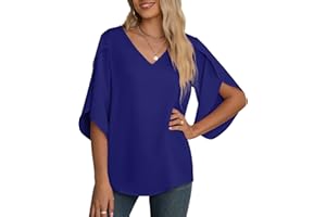 Yommay Women's Chiffon Blouse Ladies Tops Elegant Casual Loose 3/4 Ruffled Split Sleeve V Neck Summer Blouse T Shirts
