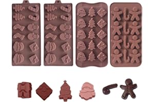 HOMO TRENDS Lot de 4 moules en silicone moule noel silicone pour chocolat, gelée, cire fondue en forme de bonhomme de neige, chaussettes, Père Noël, sapins de Noël et pain d'épices