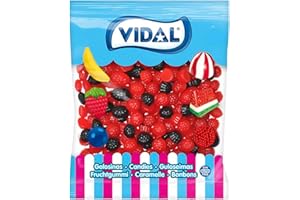 Vidal Golosinas. Moritas Brillo. Caramelos de goma en forma de mora con acabado brillante y sabor intenso a mora. Colores rojo y negro. Sin gluten ni grasa. Bolsa 645 u