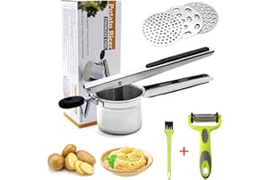 HOTLIKE Machacador de Patatas, 6 PCS Trituradora de Patata de Acero Inoxidable Set, Multifuncional Profesional Prensa Patatas con 3 Discos, Cepillo, Pelador, Potato Ricer para Vegetales, Frutas