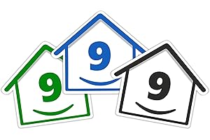 RUBIGO 3 x Bin Numbers for Wheelie Bins, 1-99, 15cm ‘Happy House’ Colour Design Dustbin Stickers, Easy Application Stick On Number Stickers - Weatherproof Self Adhesive Vinyl – Blue, Black and Green (9)