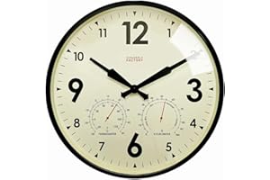 Cloudnola Horloge Murale en métal étanche pour intérieur et extérieur avec thermomètre et hygromètre, Noir, 45,7 cm, silencieuse, sans tic-tac
