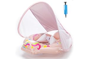 Busdeals Inflatable Baby Swimming Float, Baby Swimming Ring with Removable Sun Protection Canopy and Manual Pump, Baby Pool Float Inflatable Training Toy for 6-30 Months Infant Toddler(Pink)