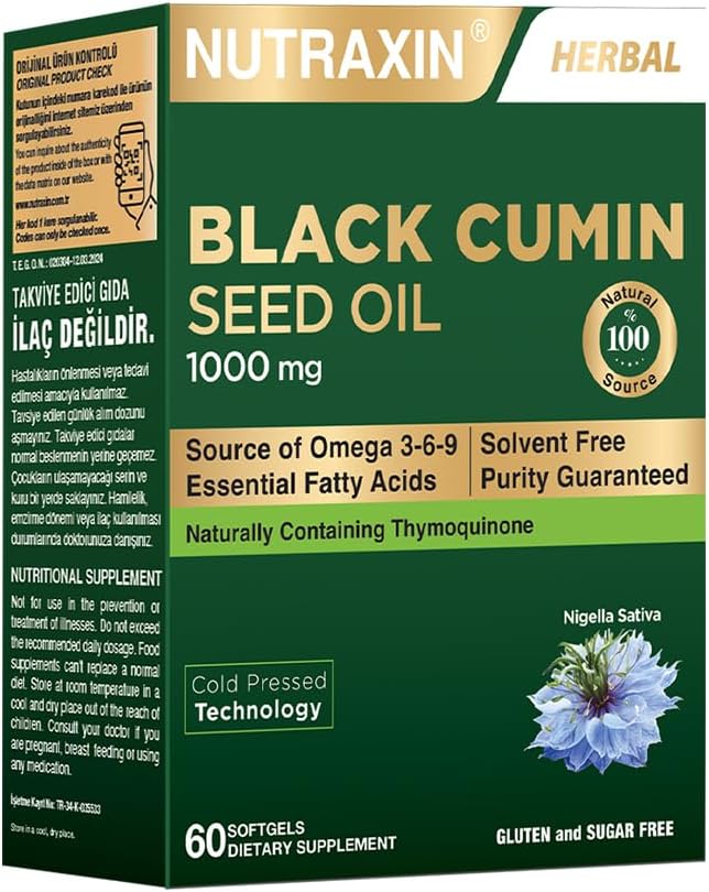 Nutraxin Black Cumin Seed Oil – Soğuk Sıkım Çörek Otu Yağı, 1000 mg, 60 Yumuşak Kapsül – Helal Sertifikalı Takviye Edici Gıda