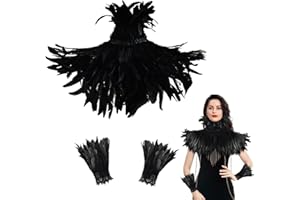 Orgoue Schwarzer Federumhang, Feder Achselzucken Schal Federkragen Schwarzer Kostüm Damen Mit Feder-Manschetten Schwarzer Maleficent Kostüm Damen Gothic Federrock Pfau Kostüm Für Karneval