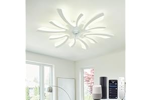 YUNLONG Smart Ceiling Fans with Lights, WiFi Ceiling Fans with Lamps Compatible with Alexa Google Home, Voice/Remote/App Control, Dimmable, DC Motor, for Bedroom, Kitchen, Lounge, White