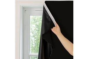 Maritown Blackout Curtains Self Adhesive Black out Thermal Insulation Polyester Fabric Stick On No Drill Shades Renter Friendly Portable Window Cover Blinds for Bedroom Nursery (Black, 70W x 120H cm)