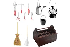 Fivtsme Wichtel Zubehör,Miniatur Werkzeugkasten mit Werkzeug,12 Stück Puppenhaus Zubehör,Miniatur Holz Toolbox, Miniatur Garten Deko Öllampe Eimer Kehrbesen Mopp Gießkanne, Mini Ornament
