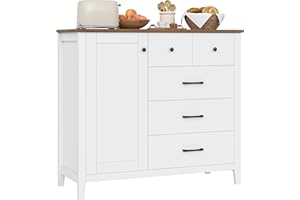 HOCSOK Credenza Cucina, Mobiletto con 5 cassetti e 1 Anta, Armadio di Stoccaggio in Legno Salvaspazio con Ripiano Regolabile, per Soggiorno, Sala da Pranzo, Cucina, Bianco e Marrone