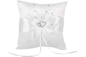 Tyenaza Hochzeitskissen, 20cm × 20cm White Seidenband Romantisches Kissen mit Bowknot Doppelten Herzen Dekoration Braut Hochzeits Ringkissen Deko Vintage