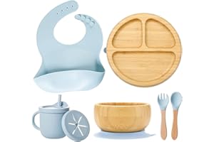 MORIASTER Set di svezzamento in bambù e silicone piatto piano in bambù, ciotola di bambù più tazza e cucchiaio in silicone (blu)