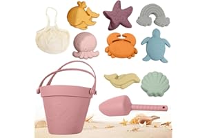 CLIUNT Juguetes de Arena de Silicona,10 Piezas Juego de Juguetes de Playa de Silicona, Juguetes de Playa de Silicona para Niños,con Bolsa de Malla,Cubo,Palas y 8 Moldes Criaturas Marinas