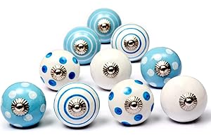 Nacnic Juego de 10 pomos de cerámica en blanco y azul, pintados a mano con diferentes diseños. Tiradores artesanales para armarios, cajoneras, cómodas y colgadores. Pomos clásicos de 40mm diámetro