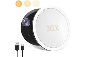 HuuppHip 30x Vergrößerungsspiegel mit Licht, Beleuchteter Reisespiegel mit 3 Saugnäpfen, Wiederaufladbarem 3 Farben dimmender Beleuchteter Makeup Spiegel, LED Kompaktspiegel