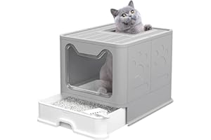 Belfoyer Bac à Litière Pliable pour Chaton avec Couvercle, Bac à litière pour Chat, Compartiment Inférieur Amovible pour Un Nettoyage Facile, Pelle à Litière Inclus, Gris, 51 x 41 x 38cm