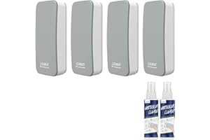 LOUKIN Lot de 4 gommes magnétiques effaçables à sec pour tableau blanc, effaceur de tableau en verre (gris), deux bouteilles de nettoyants pour tableau blanc de 100,5 ml inclus, pour salle de classe,