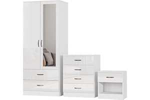 Nera High Gloss Bedroom Furniture Set 3 Piece Set Wardrobe with Drawers Chest of Drawer Bedside Table Bedroom Storage (With Mirror Gloss White(Matt White))