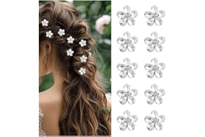 LunarCharm 10 pieces mini hair clips with white flowers, cute little flower clips for hair with rhinestone flower clip, hair clips, for girls wedding hair jewellery decorative