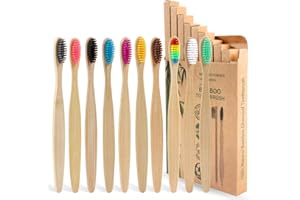 SWKJ Bamboo Toothbrushes with Soft Bristles,10 Packs of Biodegradable Organic Natural Wooden Toothbrush for Adult Kids, Eco-Friendly and Plastic Free Packaging for Family, Travel