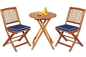 GOPLUS Juego de Mesa y Sillas para Jardín 3 Piezas, 1 Mesa Redonda y 2 Sillas Plegables con Cojines, Muebles Jardin de Madera de Acacia para Exterior Terraza Patio Bistro Piscina (Azul)