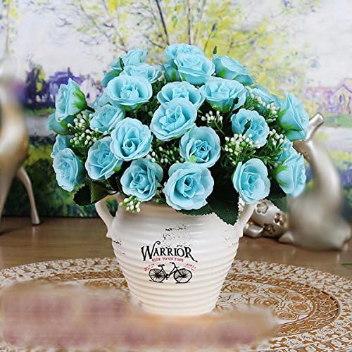LCoran Artificial flower Rose Set Bonsai Dining table Indoor Decoration Ceramic pot Blue