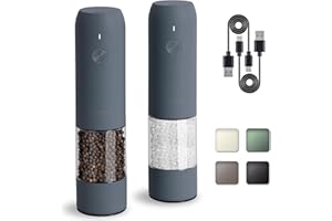 TLYSXPRO Juego de Molinillo Pimienta Eléctrico y Salero, Recargable por USB, Molinillo de Salero y Pimentero con Granulometría Ajustable, Salero y Pimentero Eléctrico, Luz LED (2 Piezas, Azul-Gris)