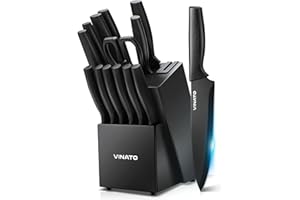 VINATO Set Coltelli da Cucina, Coltello da Cucina 14 Pezzi con Affilatore, Coltelli Professionali da Cucina da Chef, Set Coltelli da Cucina in Acciaio Inox con Manico in Plastica e Ceppo in Legno