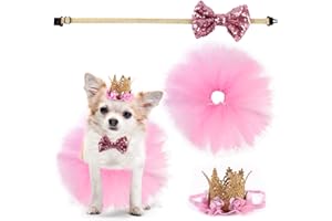 Josopa 3Pcs Hund Hochzeitskleid Mädchen Rosa Pailletten Tutu Blase Rock Krone Hut Set mit Bowknot Bowtie Welpen Geburtstagsfeier Liefert Valentinstag Rosa Geschenk für Kleine Hunde Katze