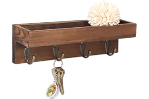 BESTOOL Mini deska na klucze, drewniany uchwyt na klucze, organizer na klucze, listwa z haczykami z półką, organizer ścienny z 4 metalowymi haczykami (kolor brązowy)