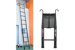 RIGOGO Scala telescopica allungabile, 6,2 m, con 2 ganci, robusta in alluminio, con 15 pioli, portata 150 kg, EN131, colore: nero