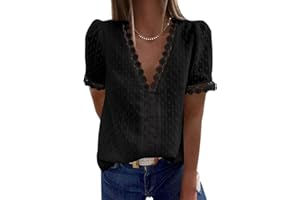 Coloody Femme Tee Shirt Dentelle Col en V, Manches Courtes Loisirs D'été Tunique en Jacquard en Dentelle Blouse Amples Caraco en Dentelle Tops Chemisiers à La Mode