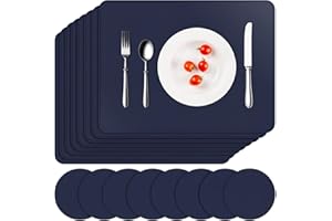 APLKER Placemats and Coasters Set of 8, PU Leather Waterproof Dual-Sided Table Mats Non-Slip Washable Place Mats for Home Kitchen Restaurant, 16 x 12 inch (Navy Blue)