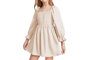 JiAmy Girls Dress Long Sleeve Square Neck Dresses Spring Summer Kids Casual Elegant Wedding Party A-Line Skirt Clothes for Girl 4-14 Years