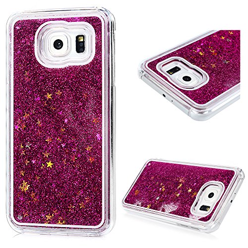 Badalink Samsung Galaxy S6 Slimcase Hülle PC Treibsand Flüssige Liquid Bling Hülle Case Glitzer Glitter Shiny Glanz Sparkle Sterne Star Weich Flexibel Einteilige Handyhülle Soft Leicht Stoßstangen Case Rosarot