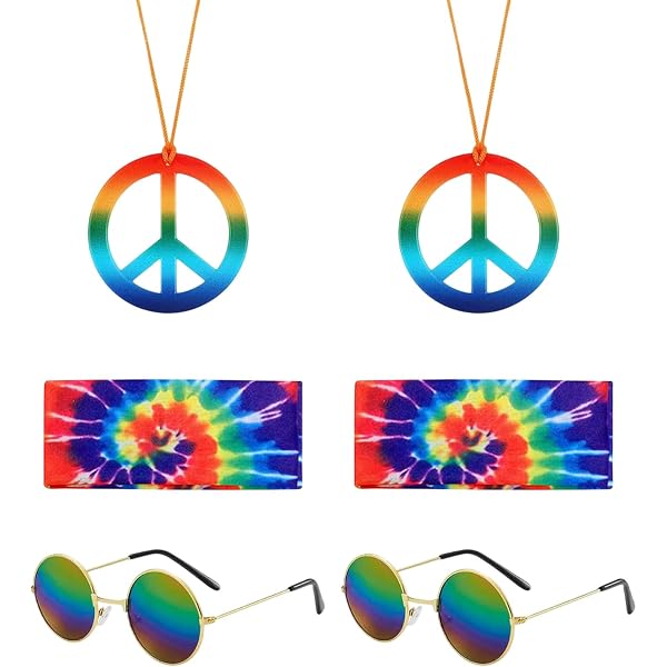 Set Déguisement Hippie 7 Pièces - Bandeau Fleurs, Lunettes Roses, Collier Paix, Bracelets - Années 60 70 - Carnaval Et Fêtes