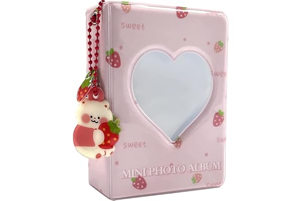 runrayay 3 Pouces Rose Mini Album Photo, Love Heart Hollow Card Binder Kpop Photo Card Holder avec Ours Pendentif 40 Poches pour Photo Collection