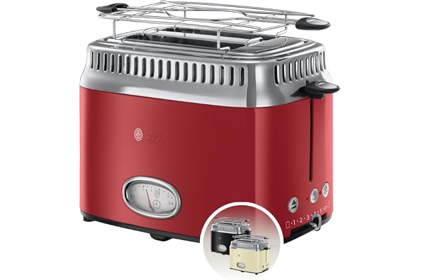 Russell Hobbs brödrost, 2 skivor, nedräkningsindikator i retrodesign, uppvärmningsgaller, justerbara rostningsgrad, upptiningsfunktion, 1300W, röd, Retro Ribbon 21680-56