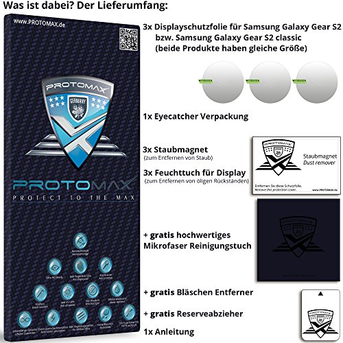 3 x PROTOMAX Displayschutzfolie für Samsung Galaxy Gear S2 / Gear S2 classic Schutzfolie, inkl. Blaulichtfilter PROEYE, Displayschutz Zubehör Smartwatch / Wearable / Fitnesstracker, Screen Protector, 3er Pack - 3
