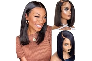 RXY 13x4 Bob Straight Perruque Femme Naturelle Brésilien HD Transparent Lace Front Wigs Human Hair Perruque Cheveux Humain Perruque Lisse Glueless Wigs 150% Density 14 pouces(36cm)