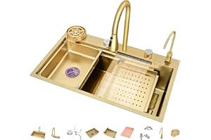 GMTSTORE Lavello da Cucina A Vasca 304 Lavello da Cucina in Acciaio Inossidabile Singolo Lavandino A Cascata Bar Multifunzione Fatto A Mano con Rubinetto Estraibile E Componenti di Drenaggio (Color : Gold-c,