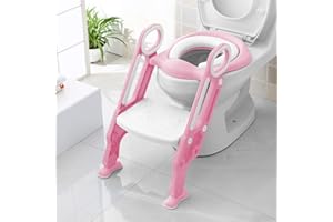 MAMIZO Deska sedesowa dla dzieci ze schodami, regulowana wysokość, 38-42 cm, składana, ze schodami, z miękką poduszką ze stabilnymi, antypoślizgowymi pedałami i poduszką z poliuretanu (różowa)