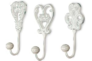LEVANDEO Set da 3 ganci da parete, colore bianco e grigio, ganci appendiabiti in ferro, stile shabby chic., bianco/grigio, Set da 3