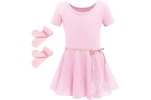 Odizli Justaucorps Danse Fille Tenue Tutu Danse Classique Enfant Robe de Ballet Manches Courtes Coton Corps + Jupe Tulle + Collants Gymnastique Vêtements Danseuse de Ballet Costume