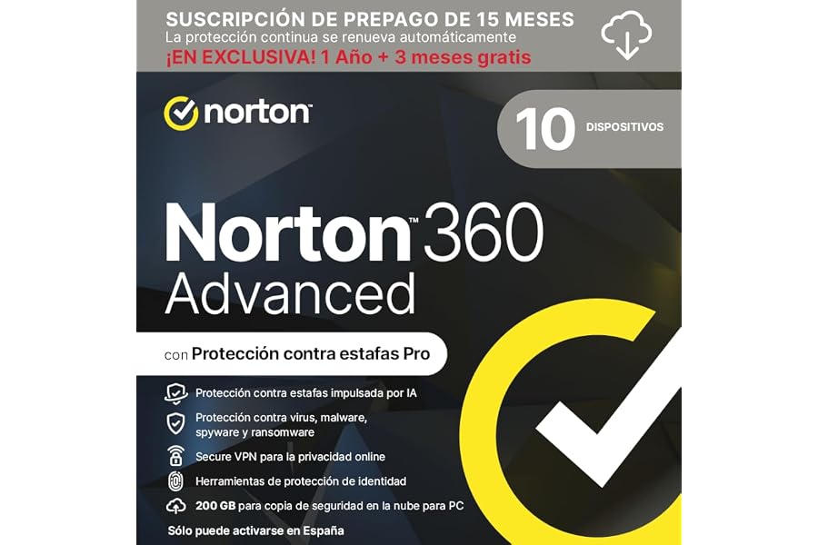 Norton 360 Advanced 2026 │ 10 Dispositivos │ 15 meses renovación automática │ Social Media, Dark Web Monitoring y VPN │ Códig