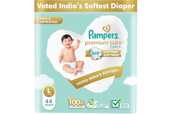 Pampers Premium Care Pant Style Baby Diapers Large (L size) 44 Count Voted India's Softest All-in-1 with 360 Cottony Softness Diapers 9-14kg