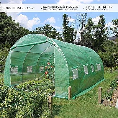 VOUNOT Serre de jardin | Tunnel serre de jardin | Serre de jardin tunnel 12m2 en acier galvanisé | Serre de jardin maraichère verte | Idéale pour faire pousser et protéger vos plantes en toutes saisons