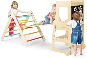 DREAMADE Ensemble d'escalade Pliables Montessori 7 en 1 avec Tour d'apprentissage, Rampe Double Face & Triangle, Ensemble Table et Chaises pour Enfants 3-14 Ans, Charge Max. 60 KG (Multicolore)