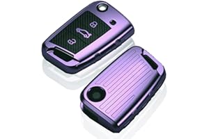 HIBEYO Funda para Llave Plegable para VW Golf 7, MK7, Polo, Skoda, Karoq, Seat, Mando a Distancia, Fibra de Carbono, Color Morado